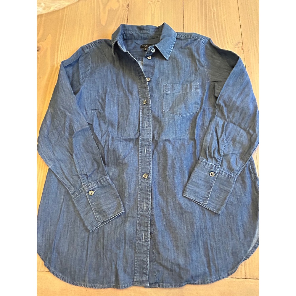F41 Talbots Petite Denim Button Down Shirt Dark‎ Wash Long Sleeve SP Small P